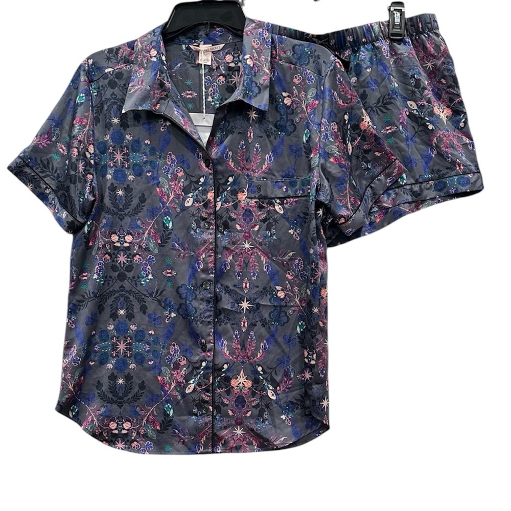 Victoria’s Secret Satin Short Pajama Set NWOT Gray Moody Floral M  Rare Print